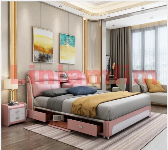 Linlamlim Tech-Smart Multifunctional Bed Genuine Leather Ultimate Camas Tatami Lit with Massage, Projector, Air Purifier,Speaker