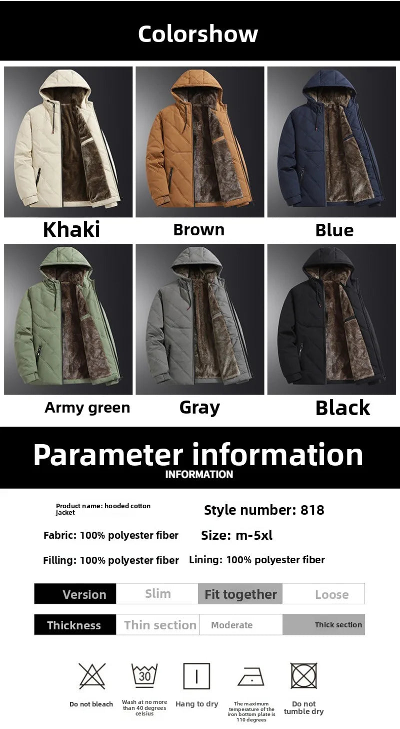 Men's hooded warm short jacket winter zipper pocket jacket outdoor sports and leisure work clothes windproof cotton jacket