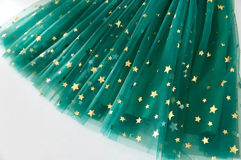 Christmas 2025 Girls Cute Fly Sleeve Star Printed Mesh Puffy Dress Halloween Children Party Photograph Princess Dress 1-6T