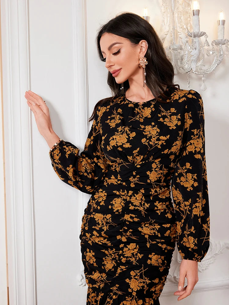 Women Dress Fashion Black Elegant Ladies Floral Dress New Autumn Long Sleeve O-Neck Fold Long Dresses For Women New Arrival 2024