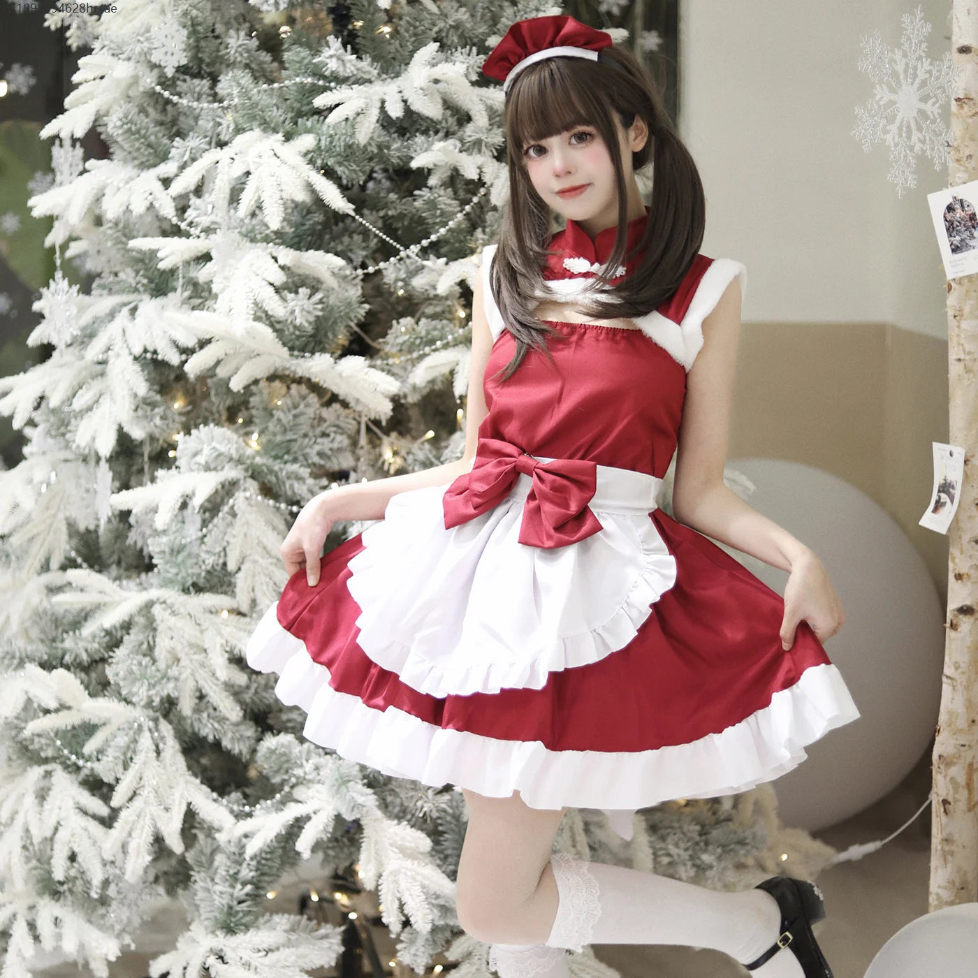 Christmas Maid Dress Girls Suit Red Lolita Cosplay Costume New Year Robe Sleeveless Party Uniform Xmas Clothing