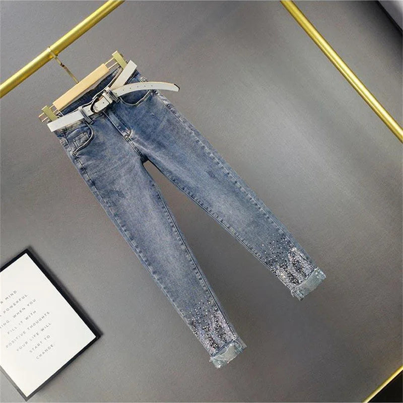 2025 Ladies Jeans Heavy Industry Rhinestone Skinny Jeans Women Spring Summer High Waist Denim Pants Korean Street Stretch Pants