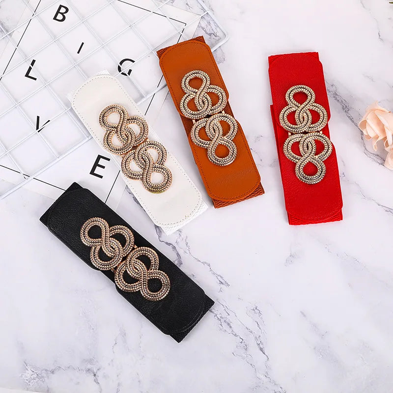 Womens Wide Elastic Belt Stretch Leather Belt Gold Buckle Belts for Dress S-XXL