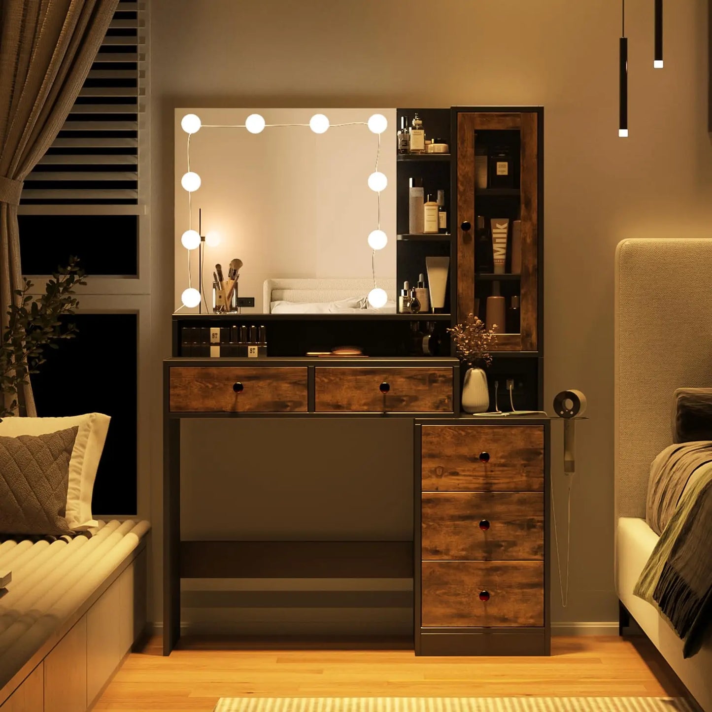 Vabches Vanity Desk with Mirror Lights Makeup Vanity Table with Power Strip&Visible Storage Cabinet Wood 5 Drawer Dressing Table