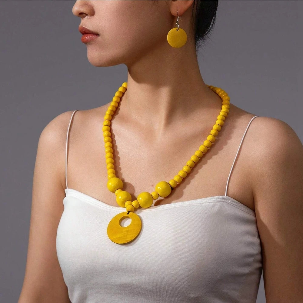 New Fashion Jewelry Set Bohemian Geometric Round  Wooden Bead Pendant Necklace And Earrings For Women Vacation Accessories