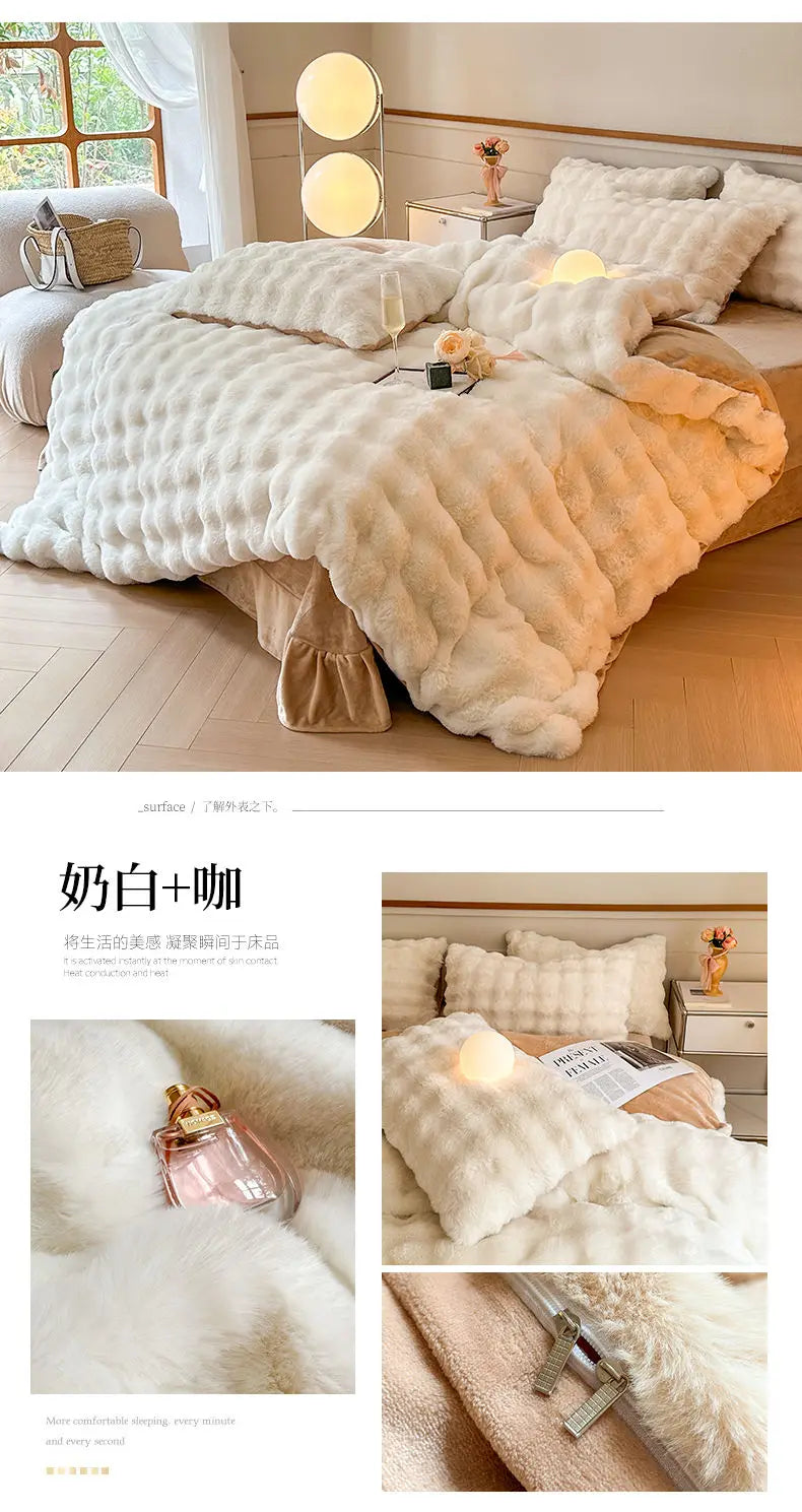 4pcs High End Rabbit Plush Bed Four Piece Set Winter Thick Warm Bubble Velvet Cover Set Lace Bed Sheet Skirt Pillowcases Bedding