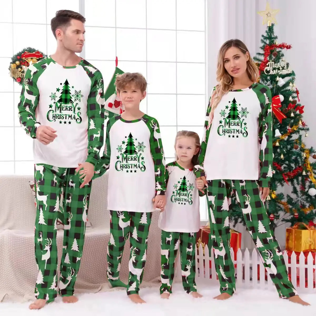 Xmas Matching Family Pajamas Set 2025 Xmas Green Cotton Print Pjs Adult Child Clothing Outfit set Baby Jumpsuit+Dog Clothes