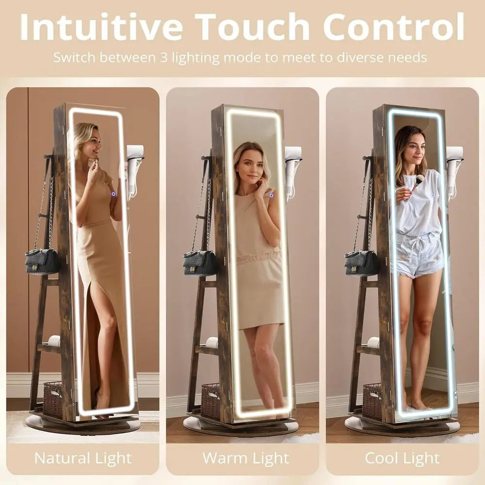 IRONCK LED Mirror Jewelry Cabinet Standing,360° Swivel Lockable Jewelry Armoire with Full Length Mirror and Adjustable LED Light