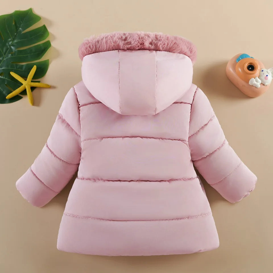 Children Autumn Winter Thick Cotton Coat Kids Girls Warm Pearls Jacket Plush Collar Hooded Windproof Outwear 1 To 6 Years Old