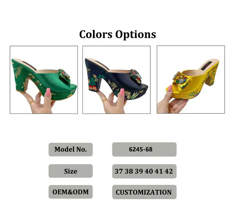 Summer Sandals 2023 Newest Pattern Embroidery Pattern Design Green Rhinestone Decoration High Heels Women Party Shoes Bag Set