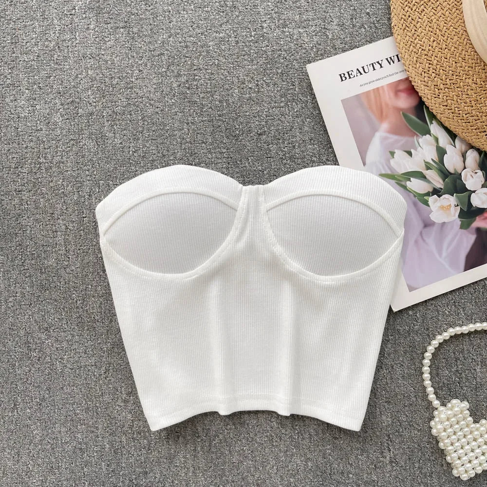 Strapless Western Style Skinny Tanks Camis for Women Summer Casual Solid Colours Female Corset Crop Tube Tops with Built In Bras