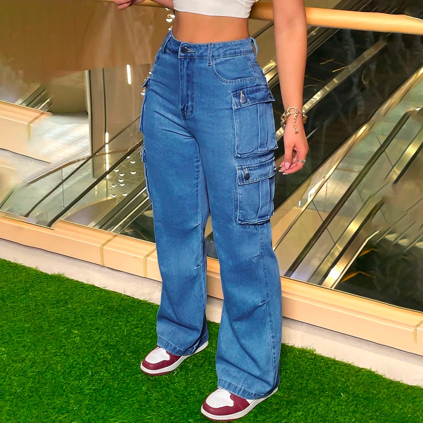 Ladies' Jeans Casual Fashion Straight Leg Workwear Jeans Vintage Jeans Multiple Pocket Denim Pants High Waist Denim Trousers