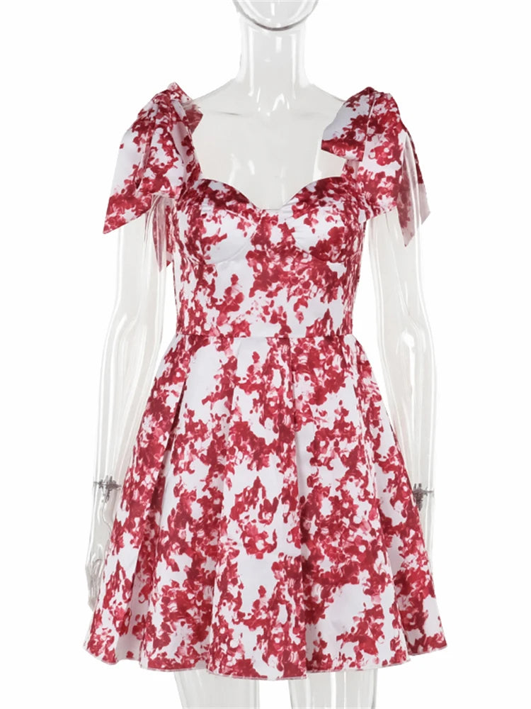 Vhiuat Blue Floral Print Cute Elegant Off Shoulder Mini A-Line Dress Lace Up Fashion Women Party Evening Dresses Summer 2024