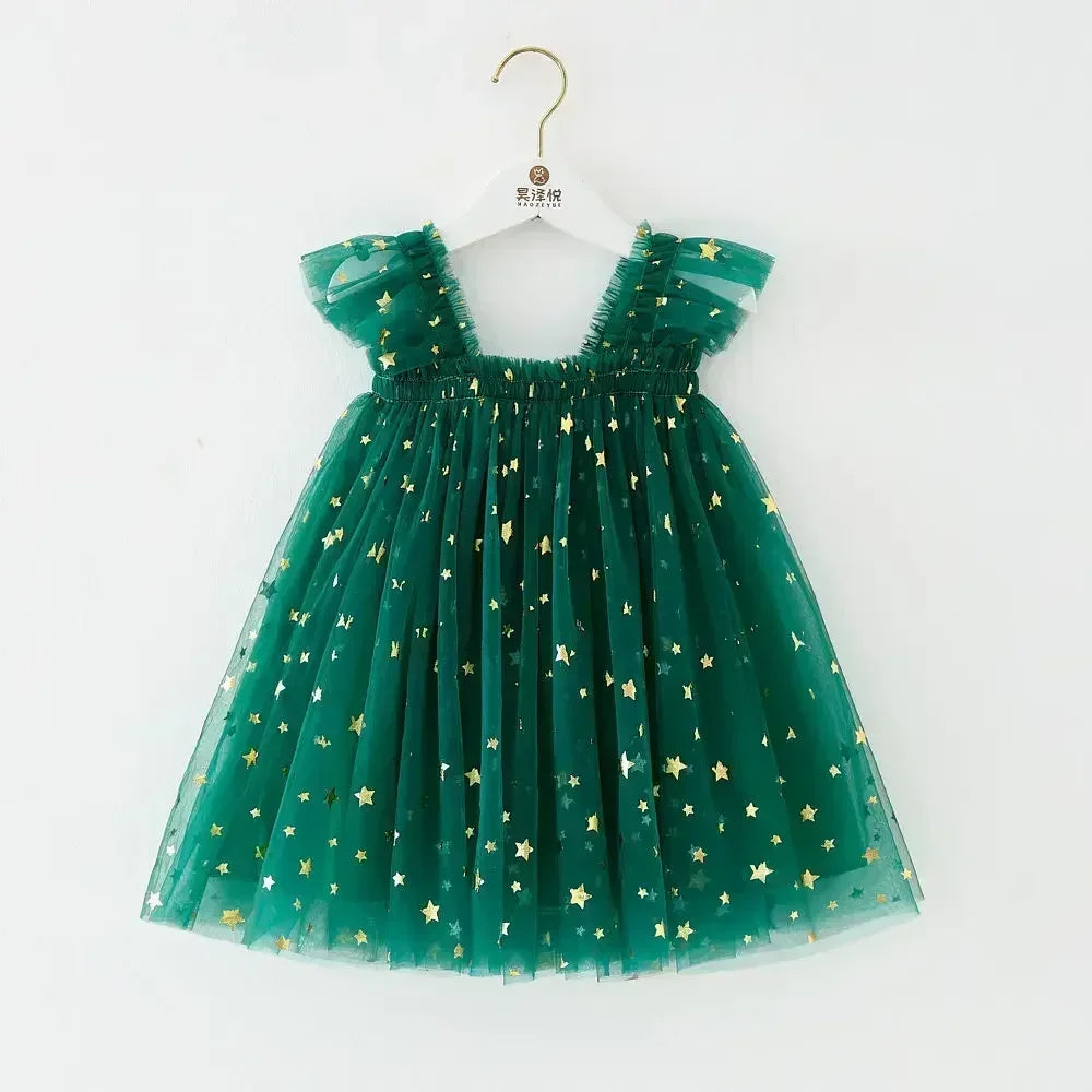 Christmas 2025 Girls Cute Fly Sleeve Star Printed Mesh Puffy Dress Halloween Children Party Photograph Princess Dress 1-6T