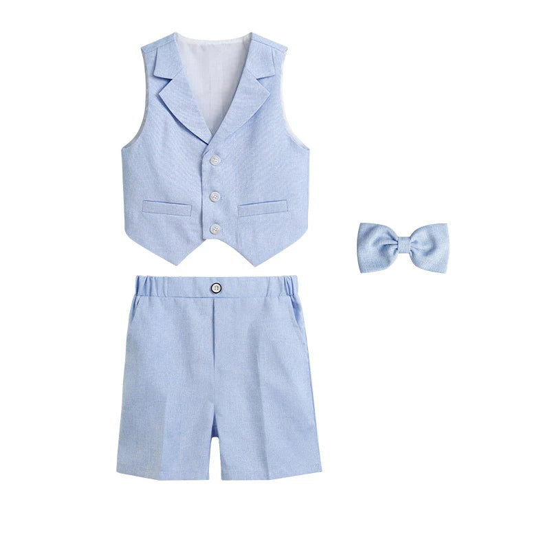 Children's Summer Blue Vest Dress Suit Boy Birthday Party Performance Photography Costume Kids Waistcoat Shorts Bowtie Outfit