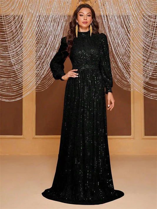 DEERVEADO Evening Dresses Woman Elegant A Line High Neck Full Sleeves Formal Occasion Party Dresses Evening Gowns