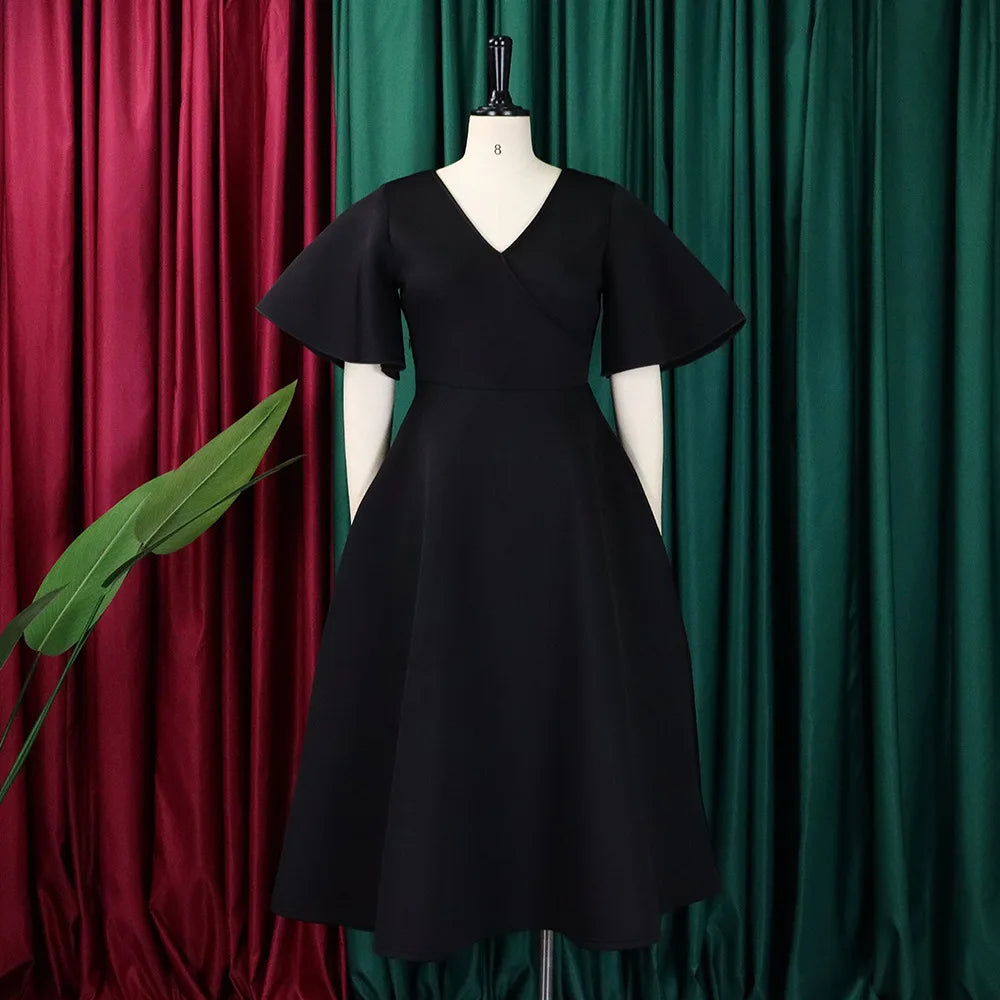 Elegant Party Dresses for Women V Neck Ruffles Sleeve High Waisted Pleated Mid Calf Luxury Birthday Dinner Vestidos Mujer Dress