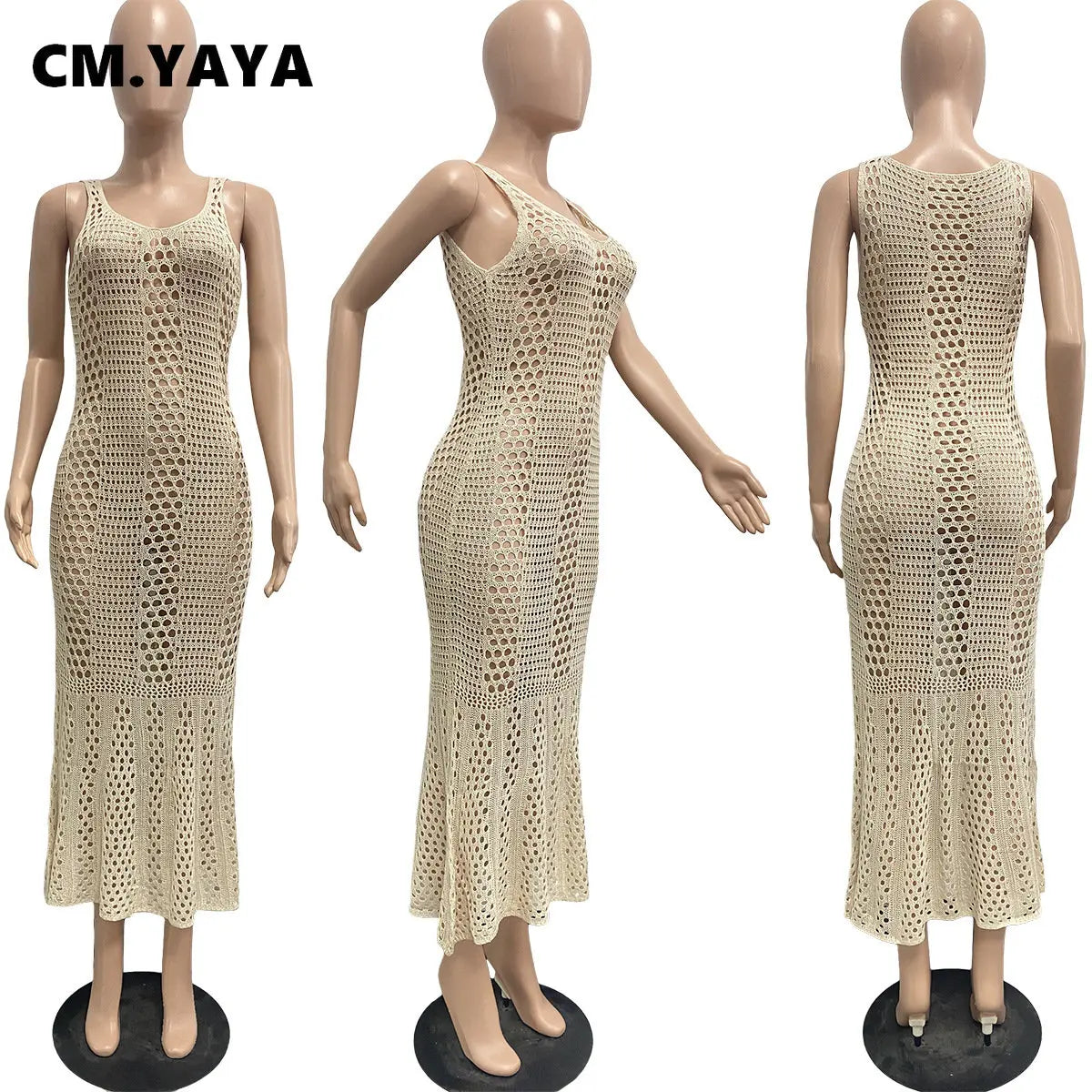 CM.YAYA Women Sleeveless Hollow Out Knit Ribbed Crochet Tank Mermaid Bodycon Midi Dress 2023 Sexy Party Club Vestidos Dresses