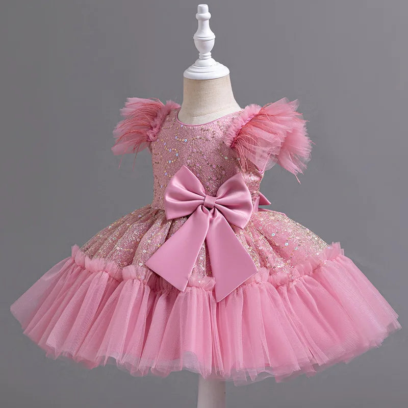 Summer New Girl's Sequin Flying Sleeves Big Bow Mesh Spliced Dress Birthday Party Wedding Flower Girl Princess Dress