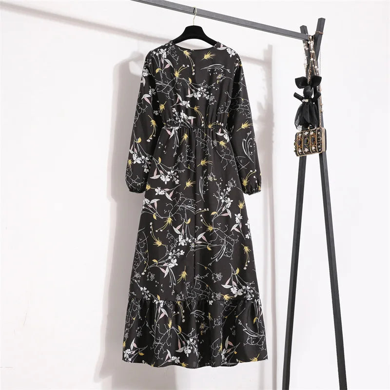 Women Eid Muslim Dresses Dubai Kaftan Tight Waist O Neck Morocco Arab Ruffles Spliced Vestidos Flowers Dress Casual Slim Fit