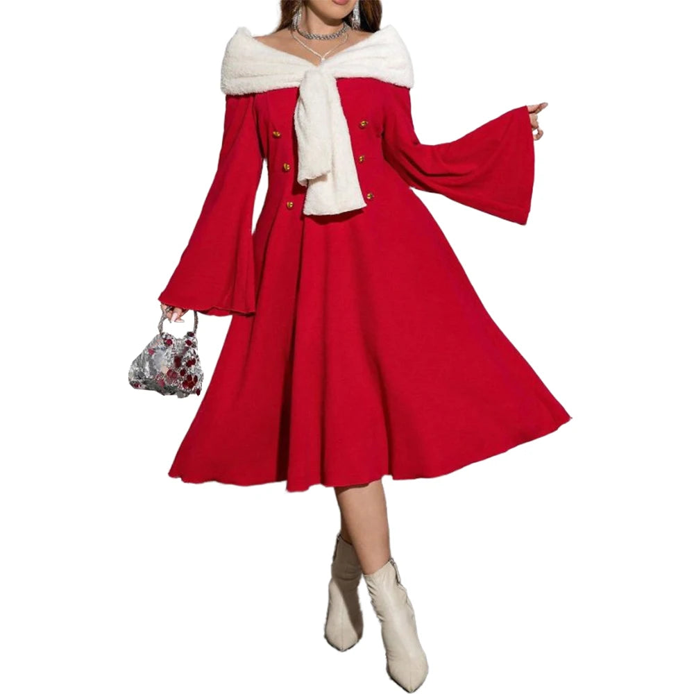 Christmas Dress for Women Plus Size Long Sleeve Oversize Warm Winter Red Elegant Dresses Girls Xmas New Year Party Costume