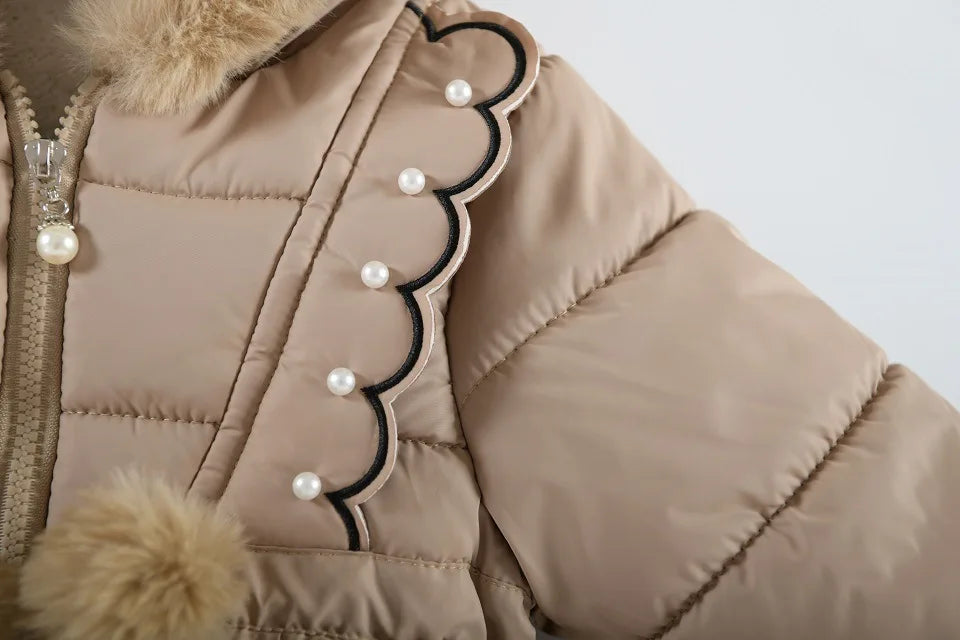 Children Autumn Winter Thick Cotton Coat Kids Girls Warm Pearls Jacket Plush Collar Hooded Windproof Outwear 1 To 6 Years Old
