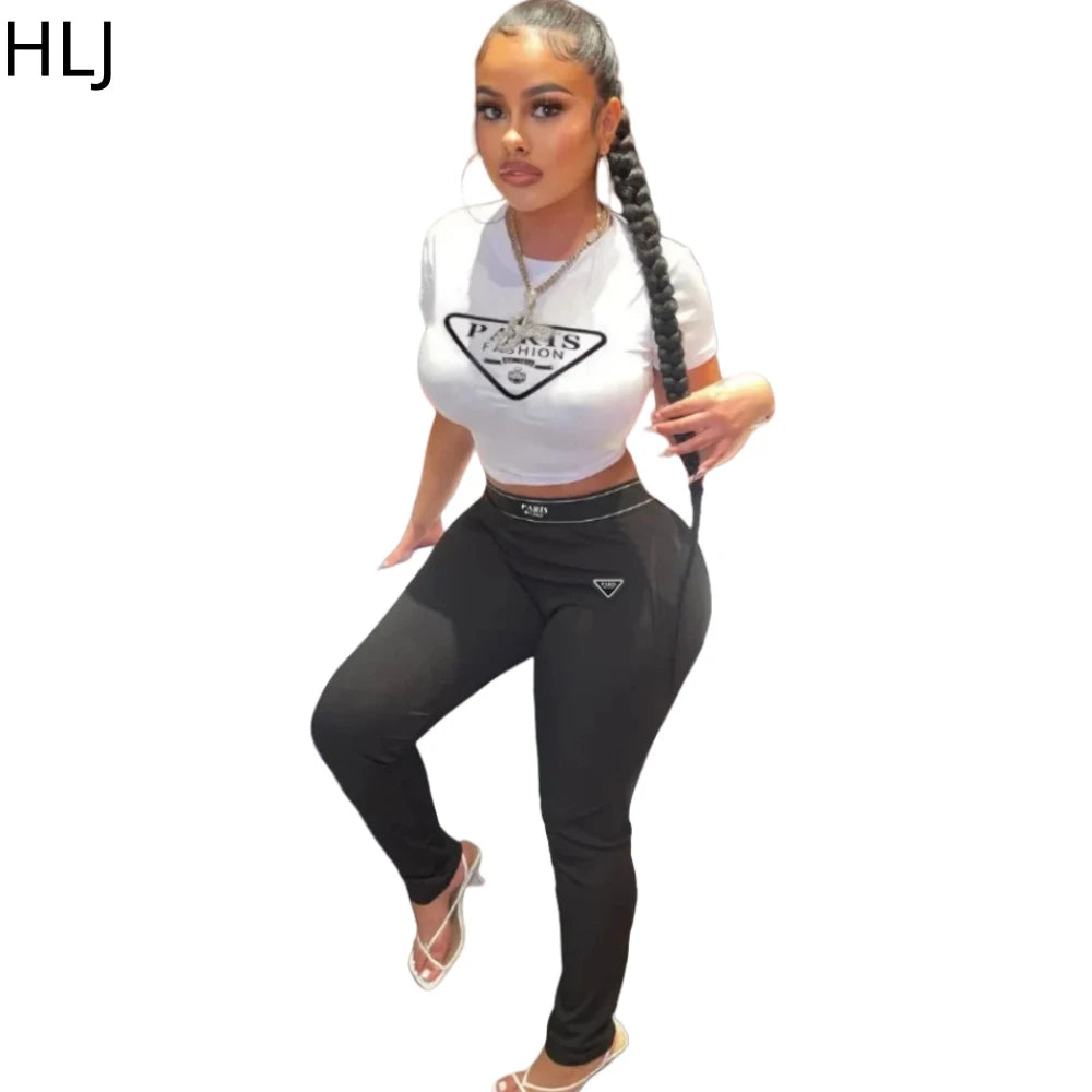 HLJ Fashion Streetwear Women Letter Print Short Sleeve Top And Skinny Pants Two Piece Sets Casual Matching 2pcs Outfits 2023 New