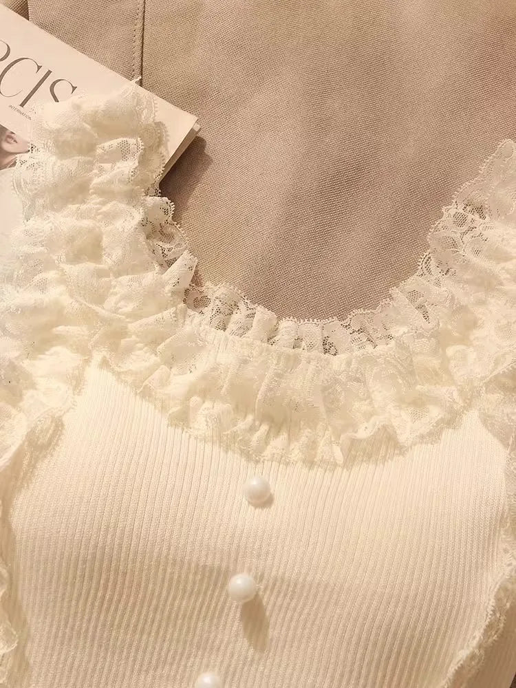 Korean Lace Patchwork Crop Top Women U-Neck Knitted Stretch Tank Top 2025 Summer Female White Lace Stretch Cami