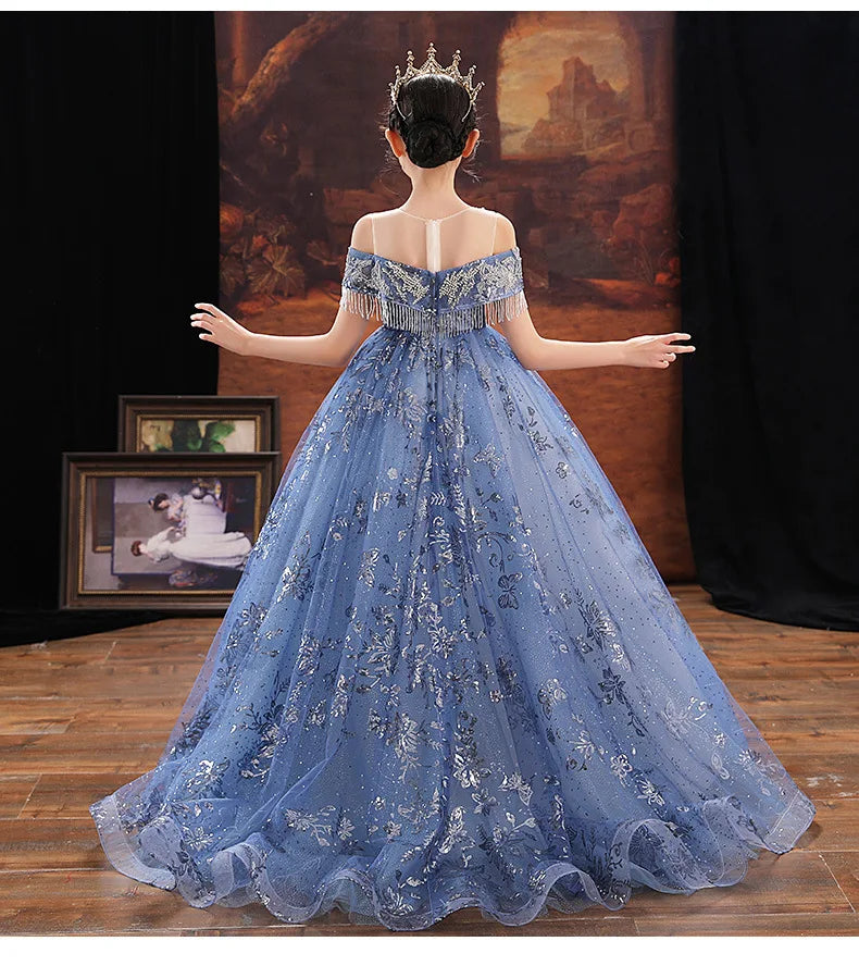 Girl Elegant Off Shoulder Dress Fashion Runway Show Luxurious Princess Dresses for Girls Birthday Party Long Kids Vestidos