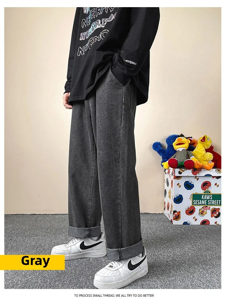 Jeans men's four-season new mopping straight loose wide legs trendy casual handsome comfortable trousers