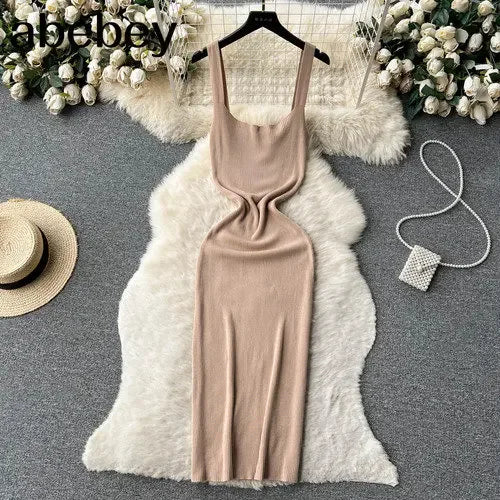 Summer Knit Sexy Strap Dress Women Tank Elatic Waist Bodycon Sundress Female Beach  Backless Maxi Long Dress
