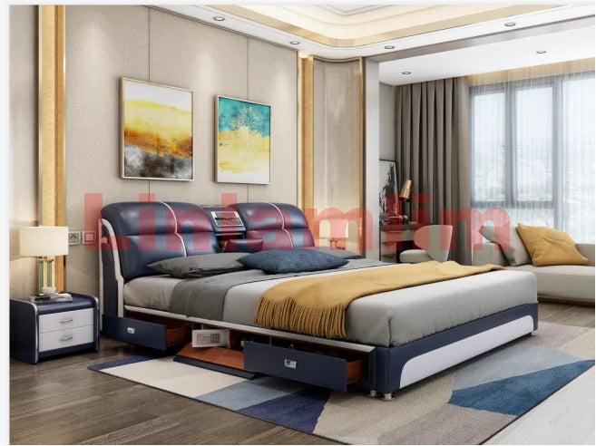 Linlamlim Tech-Smart Multifunctional Bed Genuine Leather Ultimate Camas Tatami Lit with Massage, Projector, Air Purifier,Speaker