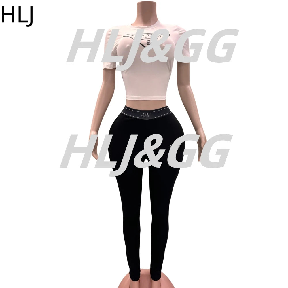 HLJ Fashion Streetwear Women Letter Print Short Sleeve Top And Skinny Pants Two Piece Sets Casual Matching 2pcs Outfits 2023 New