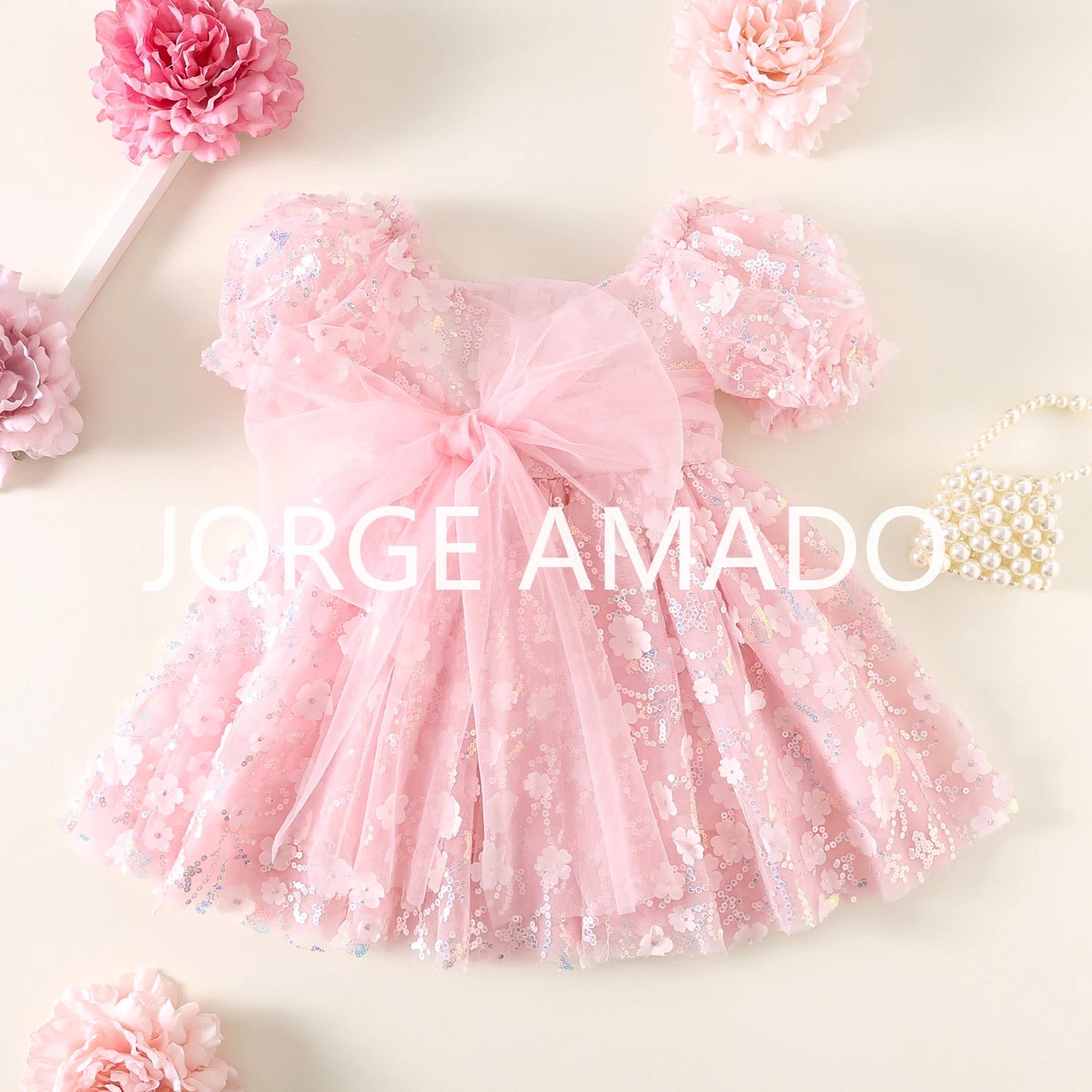 New Summer Teenager Girl's Dress Short Puff Sleeves Square Collar Appliques Large Bow Sequin Mesh Princess Lovely Clothing H7004