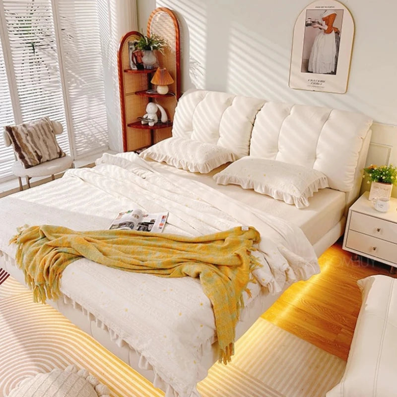 Pretty Elegant Double Bed Frame Mattress White Comferter Bed Queen Size Cama Matrimonial Bedroom Furniture