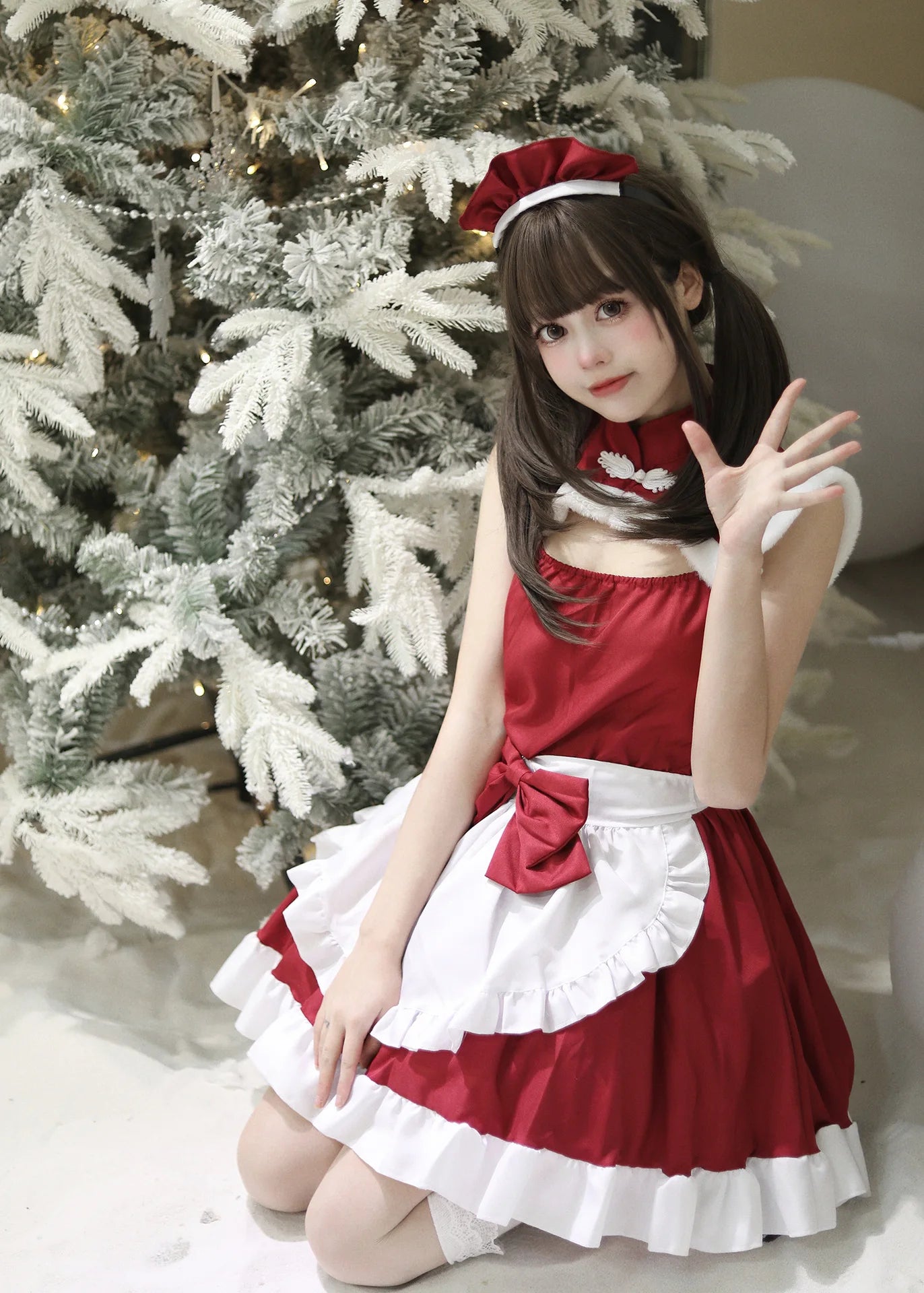Christmas Maid Dress Girls Suit Red Lolita Cosplay Costume New Year Robe Sleeveless Party Uniform Xmas Clothing