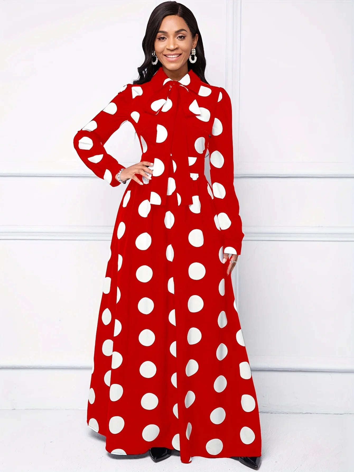 Casual Dresses Elegant Women Long Dress Sleeve Female Robe Bow Knot Polka Dots Girl's Vestidos Lady's Maxi Dresses