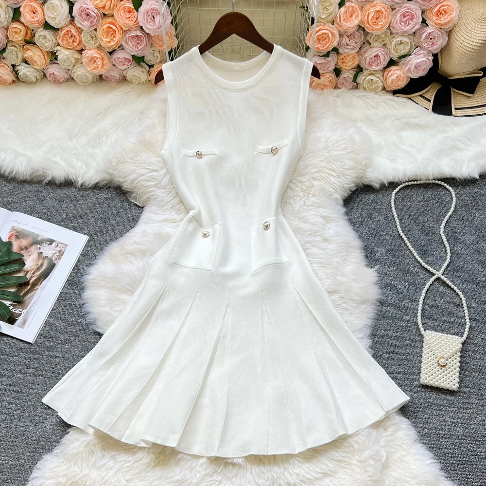 YuooMuoo Chic Fashion 2025 Summer Pleated Short Dress Women O-neck Slim Waist A-line Party Dress Streetwear Lady Outfits Vestido