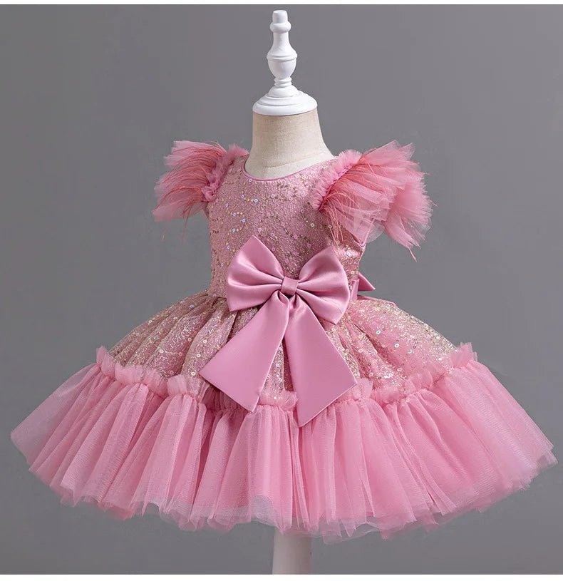 Summer New Girl's Sequin Flying Sleeves Big Bow Mesh Spliced Dress Birthday Party Wedding Flower Girl Princess Dress