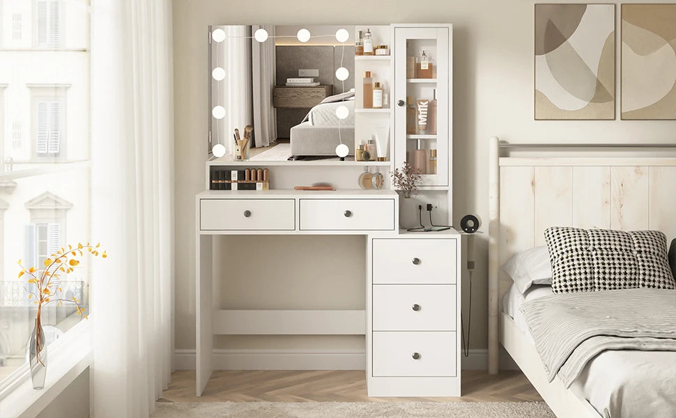 Vabches Vanity Desk with Mirror Lights Makeup Vanity Table with Power Strip&Visible Storage Cabinet Wood 5 Drawer Dressing Table