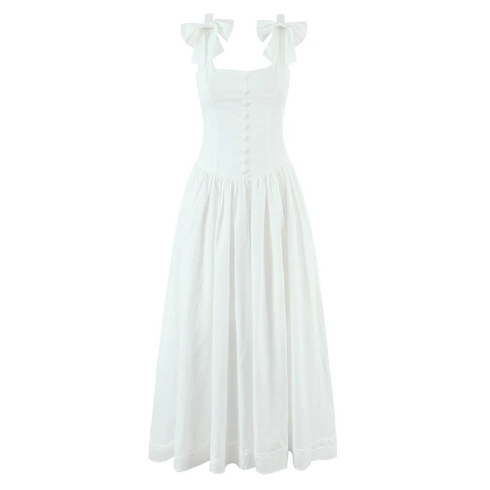 Women's Dress 2025 New Fashion Summer  White Bow Midi Dresses for Women Elegant Chic Ladies Dress