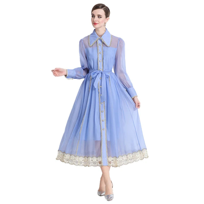 Dresses for Women Fashion Long Sleeve Turn Down Collar Women Dress White Sashes A-LINE Dress Women Vestidos De Verano Mujer Q337