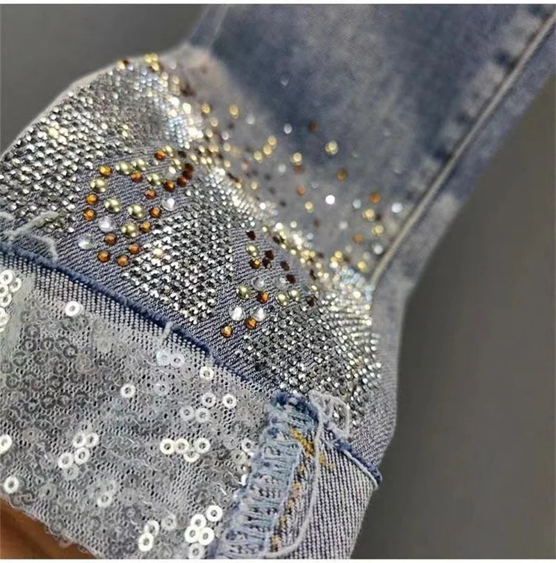 2025 Ladies Jeans Heavy Industry Rhinestone Skinny Jeans Women Spring Summer High Waist Denim Pants Korean Street Stretch Pants