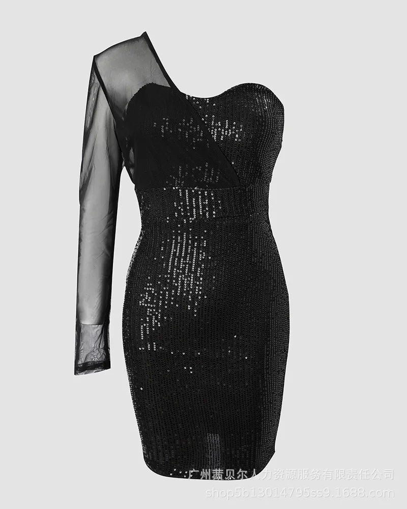 Womens Dresses New Black Sequined One Shoulder Dress for Women