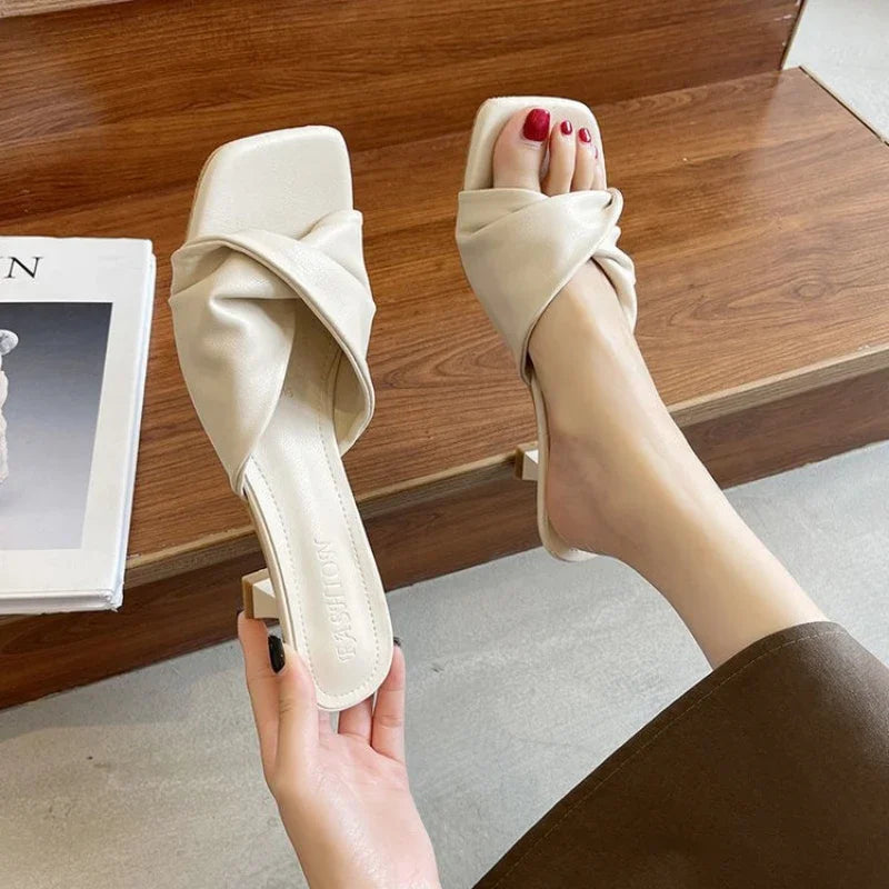 Fashion Summer Women Shoes New Handmade Square Open Toe High Heels Outdoor Fashion Slippers Apricot Off White