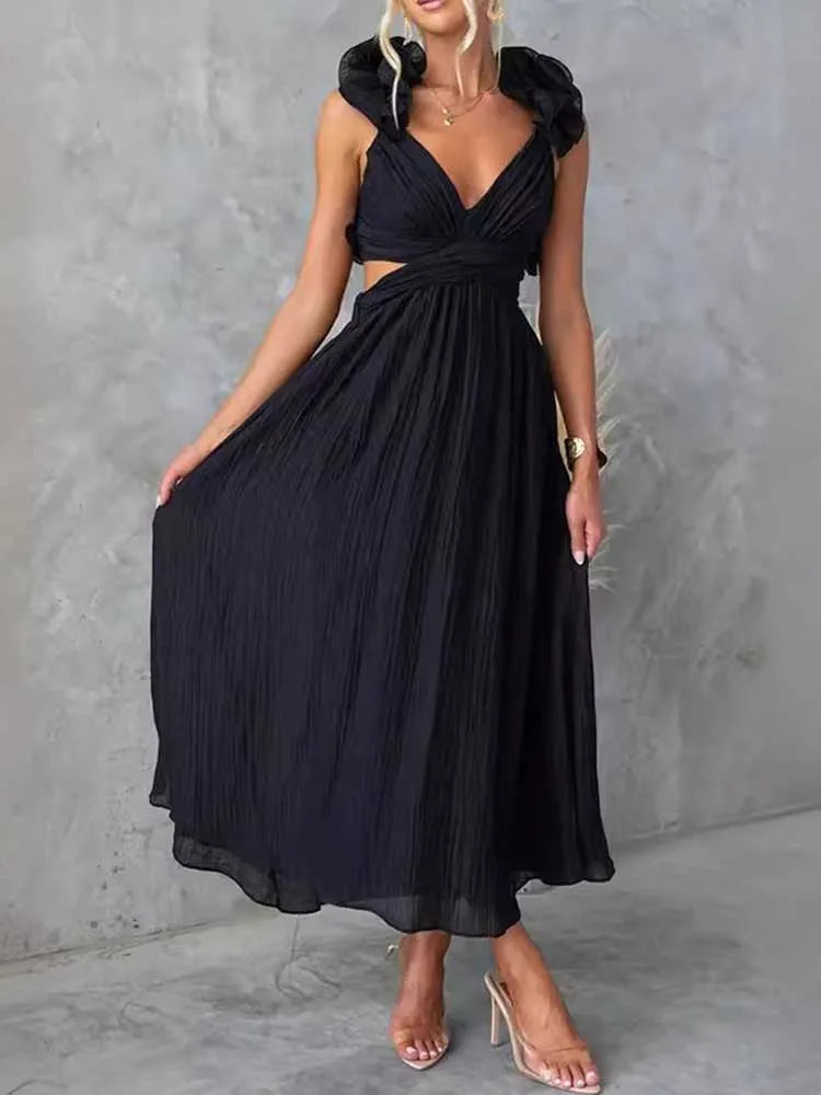 Sleeveless Dresses for Women Elegant Straps Pleated Dress Backless Summer Cotton Linen Dresses High Waist Wholesale Dropshipping