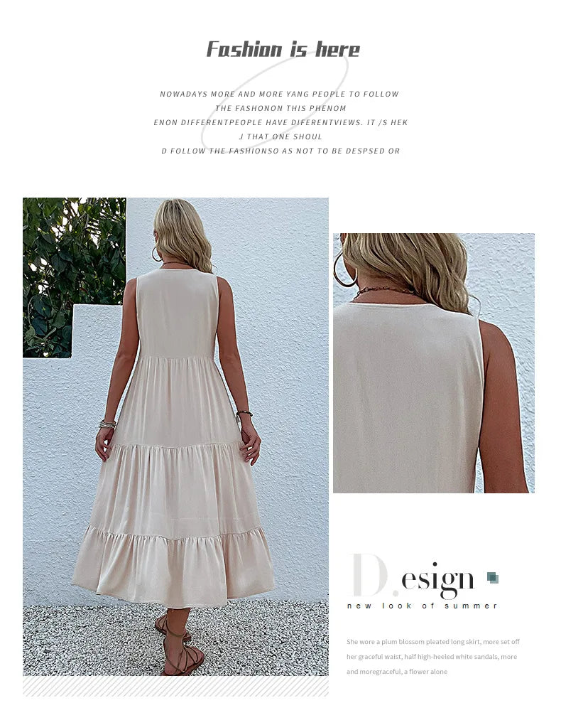 Dresses for Women 2025 Summer V-neck Single-breasted Vest Dress Sleeveless Loose Casual Solid Color Dress Vestidos De Mujer