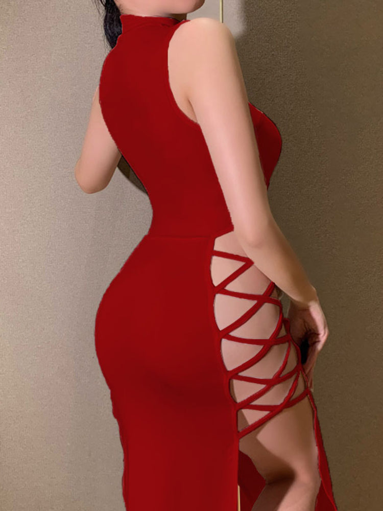 Sexy Side Split Cross Bandage Bodycon Dress Women Solid Color Sleeveless Asymmetric Skinny Dress Elegant Club Party Vestidos