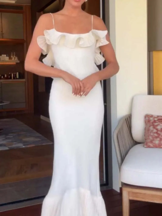 Temperament High Waist Sleeveless Banquet Dress Sexy Suspender Hollow Out Evening Dress Elegant Pure Color Ruffle Wrap Hip Dress