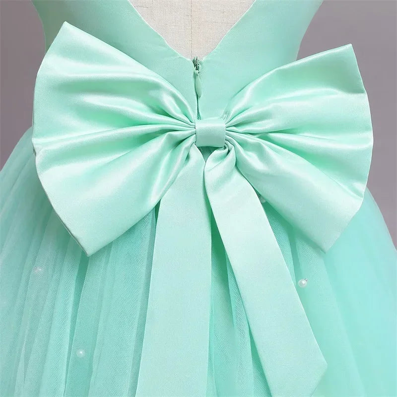 Toddler Girl 1st Birthday Tulle Dress Backless Bow Beading Gown Kids Christmas Wedding Party Princess Dress Baby Girl Dresses